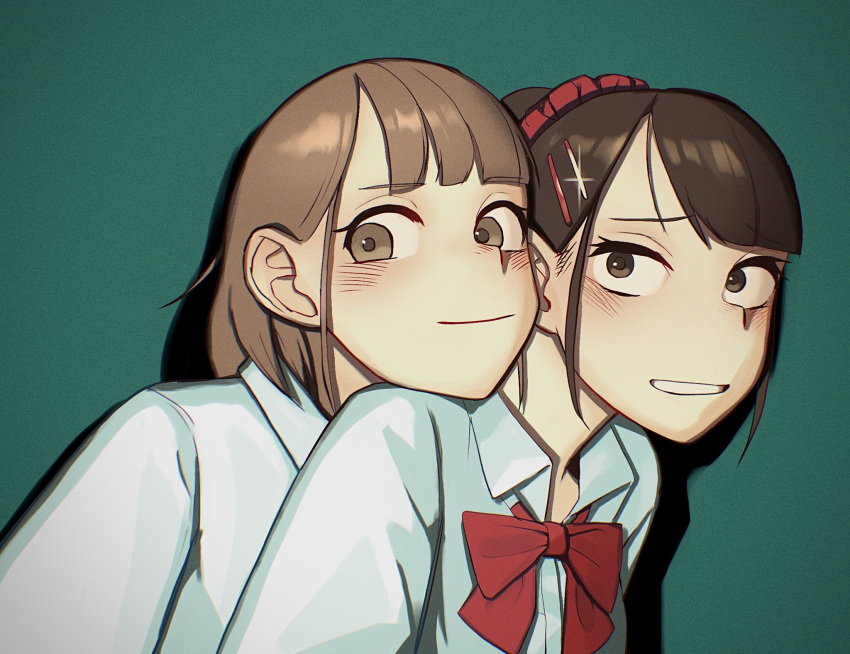 2girls, blush, bow, bowtie, brown_eyes, brown_hair, closed_mouth, collared_shirt