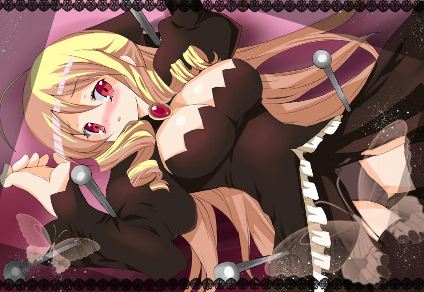 black_thighhighs, blonde_hair, bow, breasts, butterfly, cleavage, curly_hair, dress