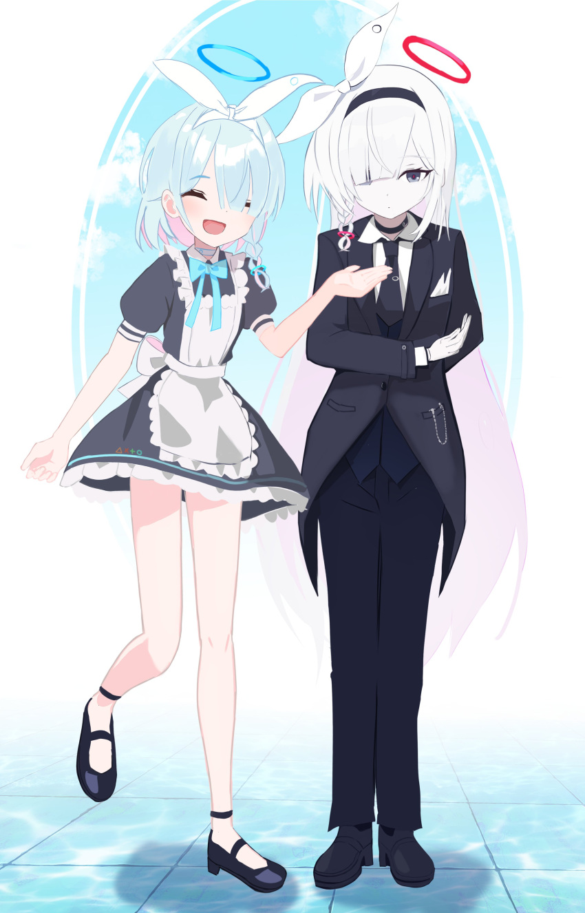 2girls, :d, absurdres, apron, arm_behind_back, arona_(blue_archive), black_choker, black_dress, black_eyes, black_hairband, black_necktie, black_pants, blue_archive, blue_bow, blue_bowtie, blue_hair, bow, bowtie, braid, butler, choker, closed_eyes, colored_inner_hair, dress, female_butler, gloves, hair_over_one_eye, hairband, halo, highres, light_blue_hair, long_hair, maid_apron, medium_hair, multicolored_hair, multiple_girls, necktie, pants, pink_hair, plana_(blue_archive), red_pupils, ribbon, single_braid, smile, thomason366, very_long_hair, white_choker, white_gloves, white_hair, white_ribbon