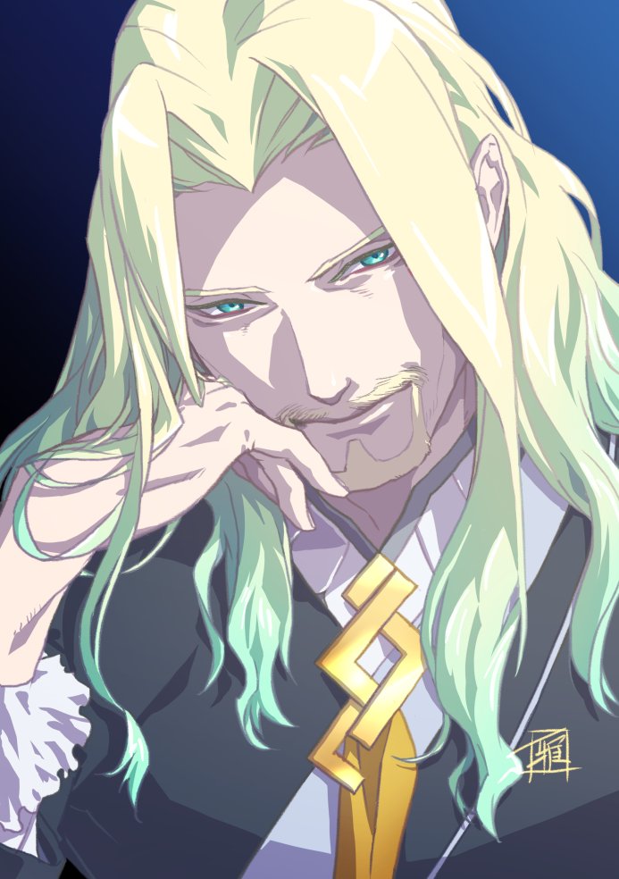 1boy, beard, blonde_hair, blue_background, blue_eyes, facial_hair, fate/grand_order, fate_(series)