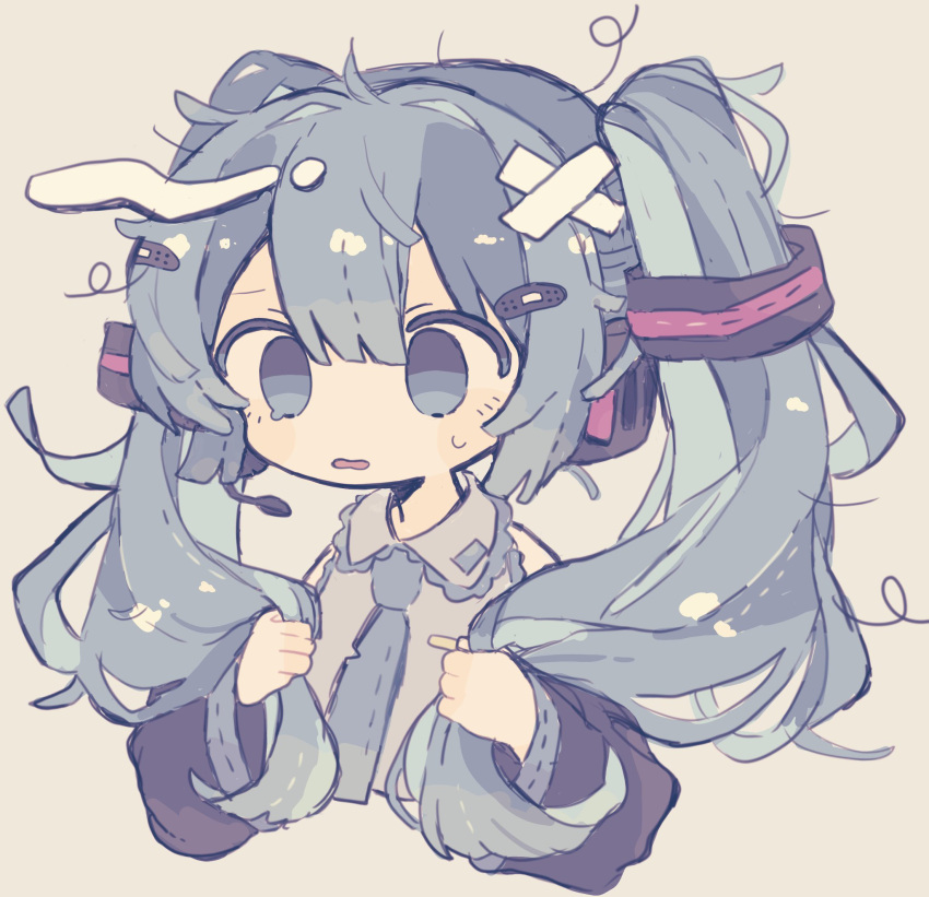 1girl, bandaid, bandaid_on_head, black_sleeves, blue_eyes, blue_hair, blue_necktie, crossed_bandaids