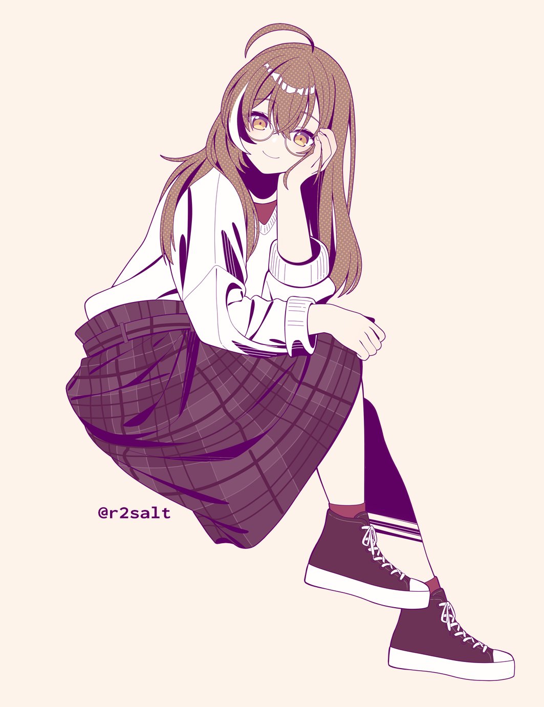 1girl, ahoge, belt, ben-day_dots, brown_background, brown_eyes, brown_footwear, brown_hair, brown_skirt, crossed_bangs, fingernails, glasses, head_rest, high_tops, highres, hololive, hololive_english, long_hair, long_skirt, looking_at_viewer, multicolored_hair, nanashi_mumei, nanashi_mumei_(3rd_costume), official_alternate_costume, plaid, plaid_skirt, r2salt, red_shirt, red_socks, round_eyewear, screentones, shirt, shoes, sitting, skirt, smile, sneakers, socks, streaked_hair, sweater, very_long_hair, virtual_youtuber, white_sweater