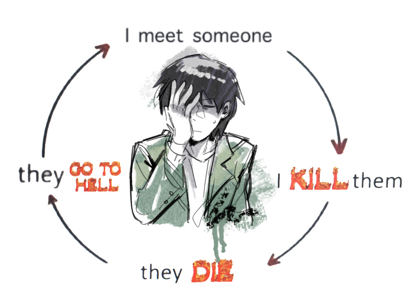 1boy, black_hair, closed_eyes, closed_mouth, commentary, english_text, green_jacket, hand_on_own_face