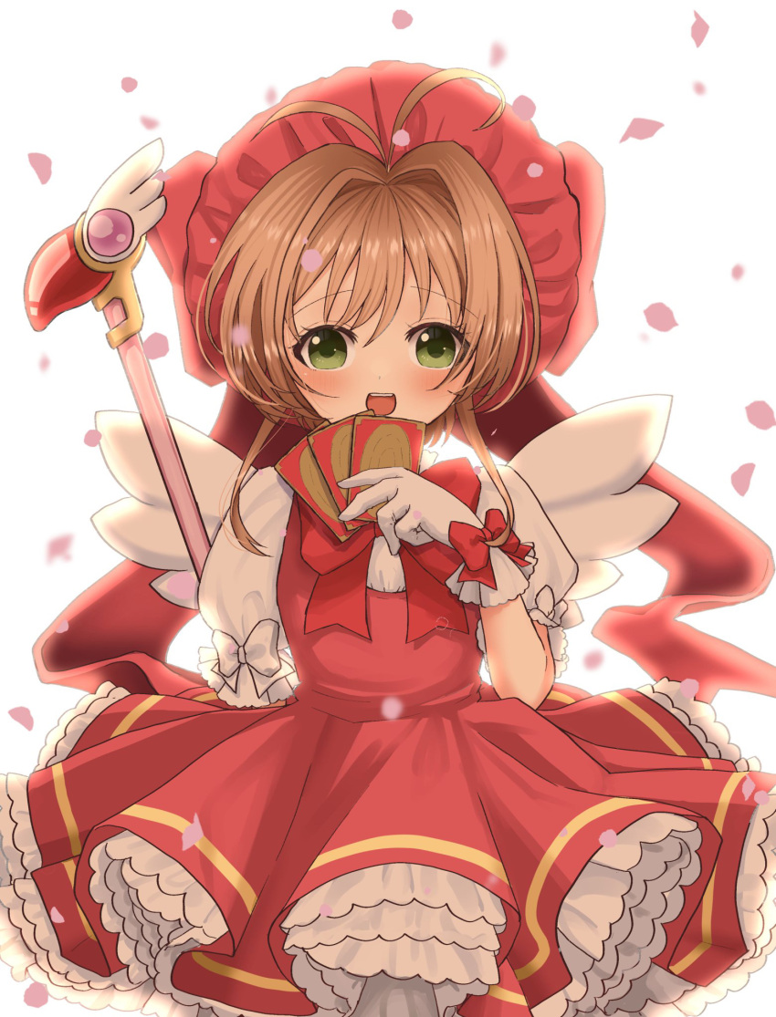1girl, blush, bow, card, cardcaptor_sakura, commentary, female_child, gloves, green_eyes, happy, highres, holding, holding_card, kinomoto_sakura, looking_at_viewer, magical_girl, open_mouth, pink_headwear, red_bow, short_hair, smile, solo, teeth, upper_teeth_only, white_bow, white_gloves, wings, yamazakura118