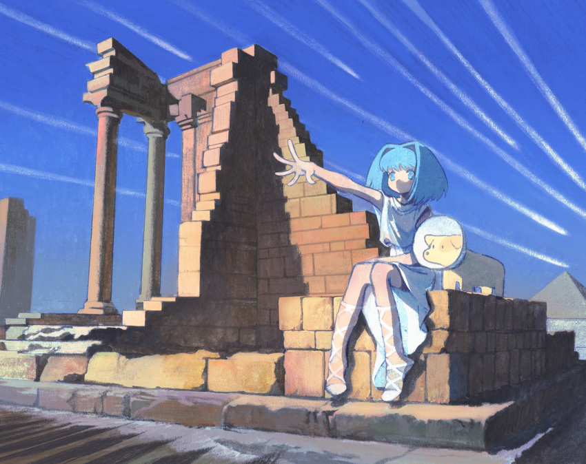 1girl, aqua_eyes, aqua_hair, blue_eyes, blue_hair, brick, brick_wall, cross-laced_footwear
