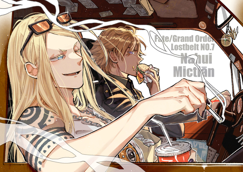 2boys, bare_shoulders, black_nails, blonde_hair, blue_eyes, burger, car, cigarette