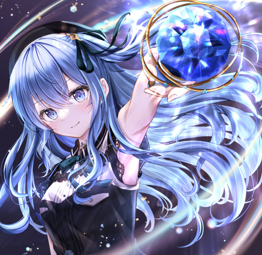 1girl, absurdres, armpits, beret, black_dress, black_headwear, black_ribbon, blue_eyes
