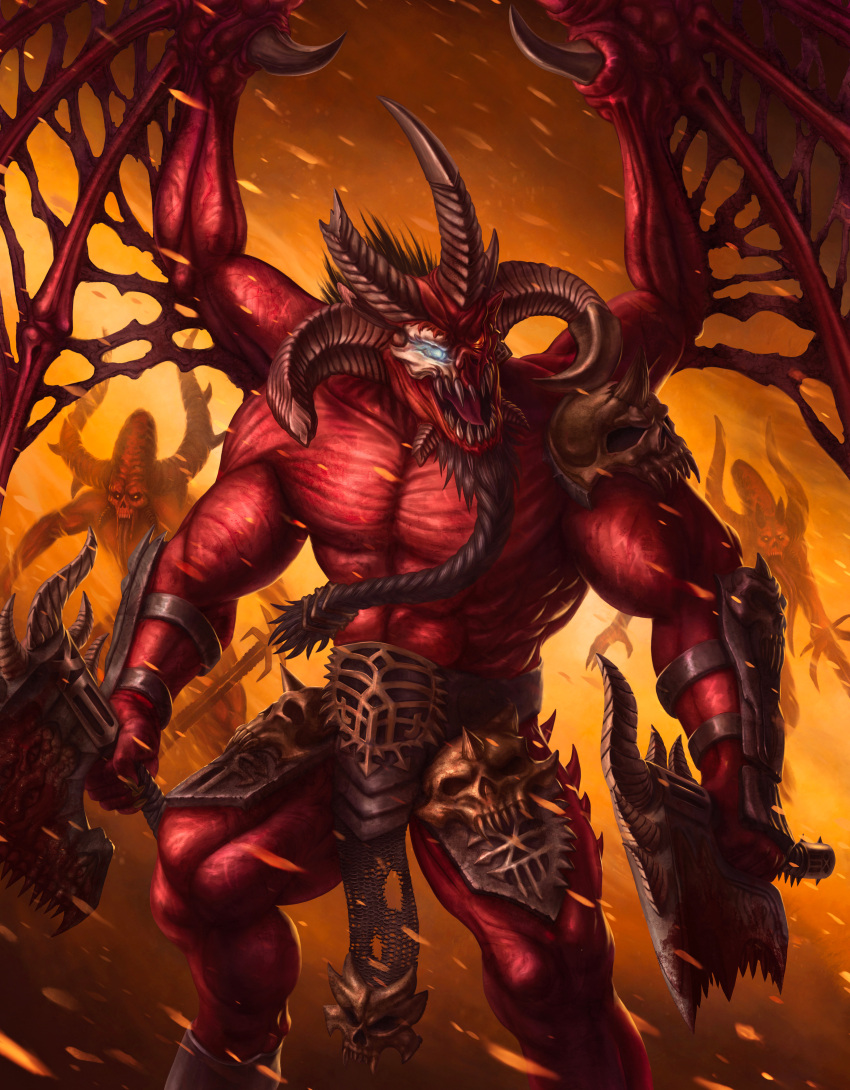 3boys, absurdres, armor, axe, battle_axe, beard, bloodthirster, bmurphy, braid, braided_beard, broken_horns, chaos_(warhammer), colored_skin, commentary, damaged, demon_horns, demon_wings, dual_wielding, english_commentary, exposed_bone, facial_hair, glowing, glowing_eyes, hell, heresy, highres, holding, holding_axe, horns, long_horns, mismatched_pupils, multiple_boys, open_mouth, ornate_armor, pauldrons, pelvic_curtain, red_eyes, red_skin, sharp_teeth, shoulder_armor, single_pauldron, skarbrand, skull_ornament, teeth, tongue, tongue_out, topless_male, torn_wings, warhammer_40k, weapon, wings