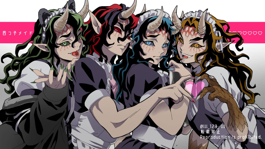 4boys, aizetsu_(kimetsu_no_yaiba), animal_ears, animal_hands, apron, artist_name, back_bow, black_dress