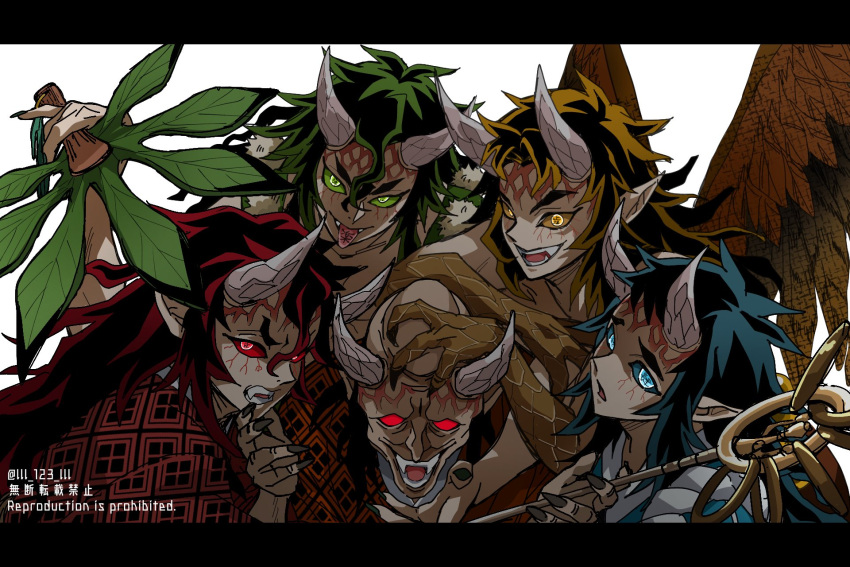 5boys, aizetsu_(kimetsu_no_yaiba), animal_hands, artist_name, bird_wings, black_hair, blue_eyes, blue_hair