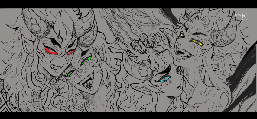 4boys, aizetsu_(kimetsu_no_yaiba), artist_name, bird_wings, blue_sclera, colored_sclera, demon_boy, fangs, feathered_wings, green_sclera, grey_background, hand_on_another's_head, hand_up, harpy_boy, head_tilt, highres, horns, karaku_(kimetsu_no_yaiba), kimetsu_no_yaiba, letterboxed, long_hair, looking_at_viewer, male_focus, mochi1261, monster_boy, multiple_boys, open_mouth, parted_lips, pointy_ears, red_sclera, sekido_(kimetsu_no_yaiba), sidelocks, spot_color, symbol-shaped_pupils, thick_eyebrows, tongue, tongue_out, upper_body, urogi_(kimetsu_no_yaiba), veins, wings