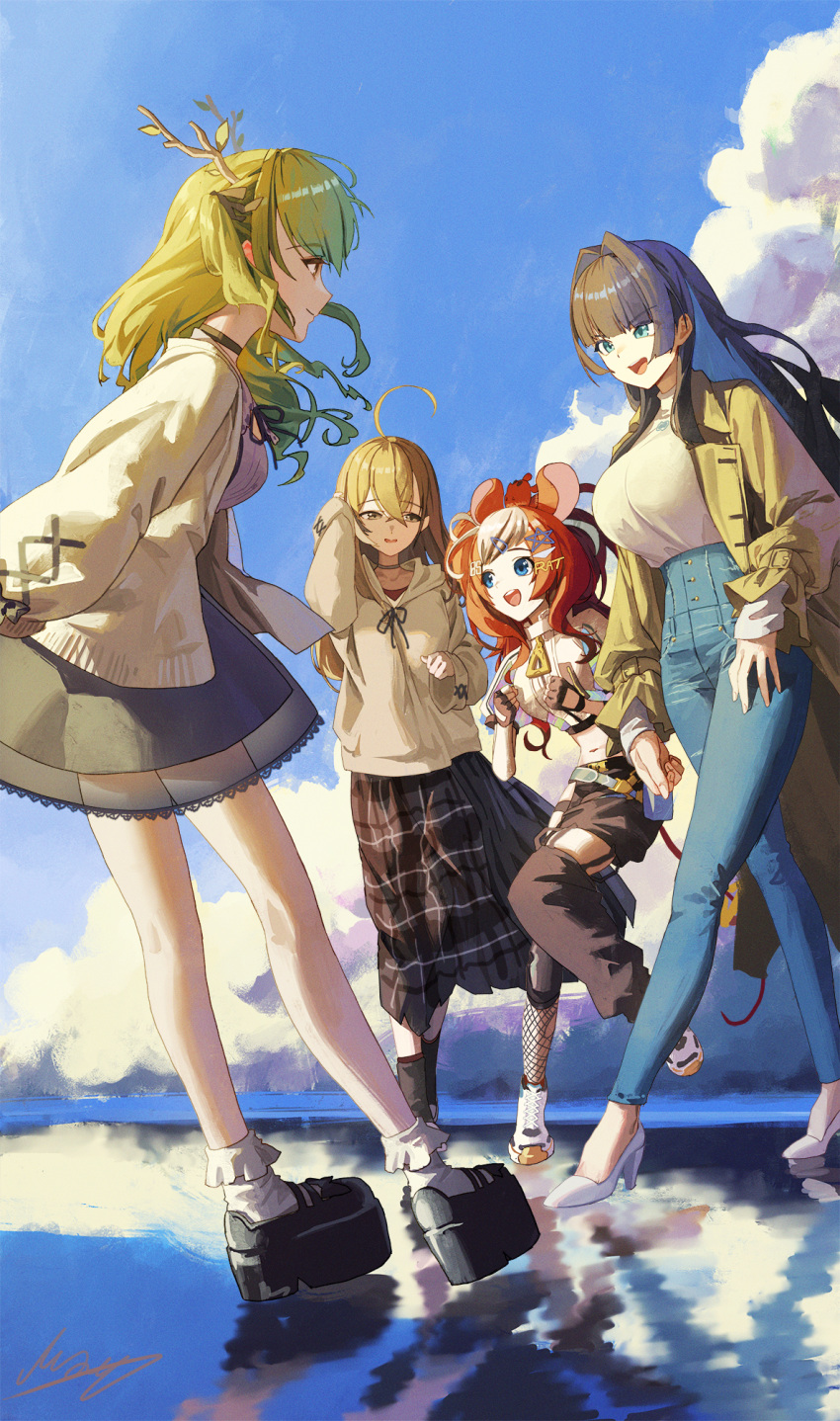 4girls, :d, adjusting_hair, ahoge, animal_ears, antlers, belt, belt_pouch