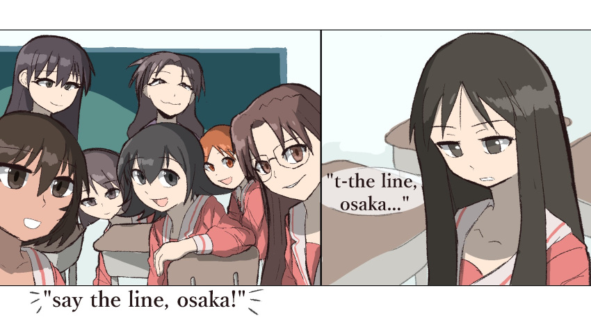 6+girls, azumanga_daioh, black_eyes, black_hair, chalkboard, classroom, english_commentary, english_text