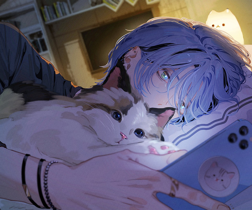 1boy, 6uoou, baby_(hex_haywire), bed, black_hair, black_shirt, blurry, blurry_background