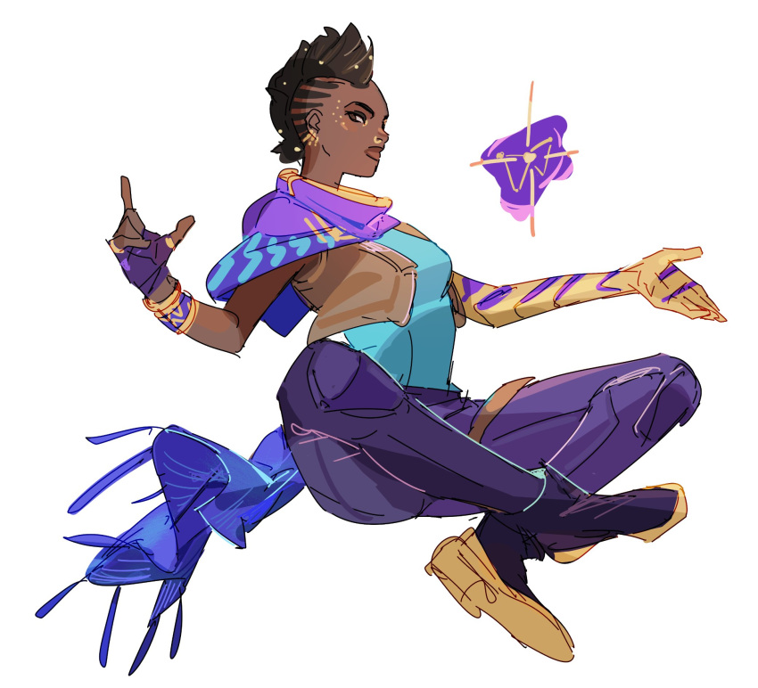 1girl, animification, astra_(valorant), black_footwear, blue_shirt, boots, bracelet, breasts