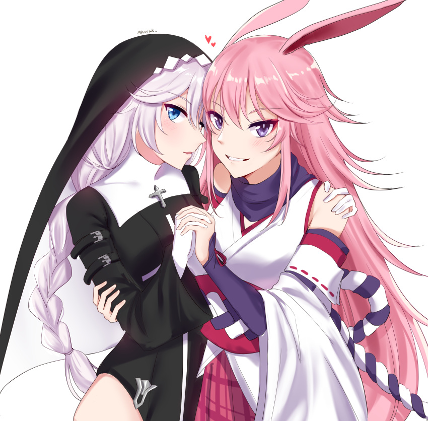 2girls, :d, absurdres, animal_ears, bare_shoulders, black_dress, blue_eyes, braid, braided_ponytail, dress, english_commentary, fox_ears, gloves, grin, highres, holding_hands, honkai_(series), honkai_impact_3rd, japanese_clothes, kallen_kaslana, kimono, komitaki, long_hair, long_sleeves, looking_at_viewer, miko, multiple_girls, nontraditional_miko, nun, obi, pink_hair, pink_skirt, ribbon-trimmed_sleeves, ribbon_trim, sash, short_kimono, skirt, smile, teeth, upper_body, veil, violet_eyes, white_gloves, white_hair, white_kimono, white_sleeves, yae_sakura, yae_sakura_(gyakushinn_miko), yuri
