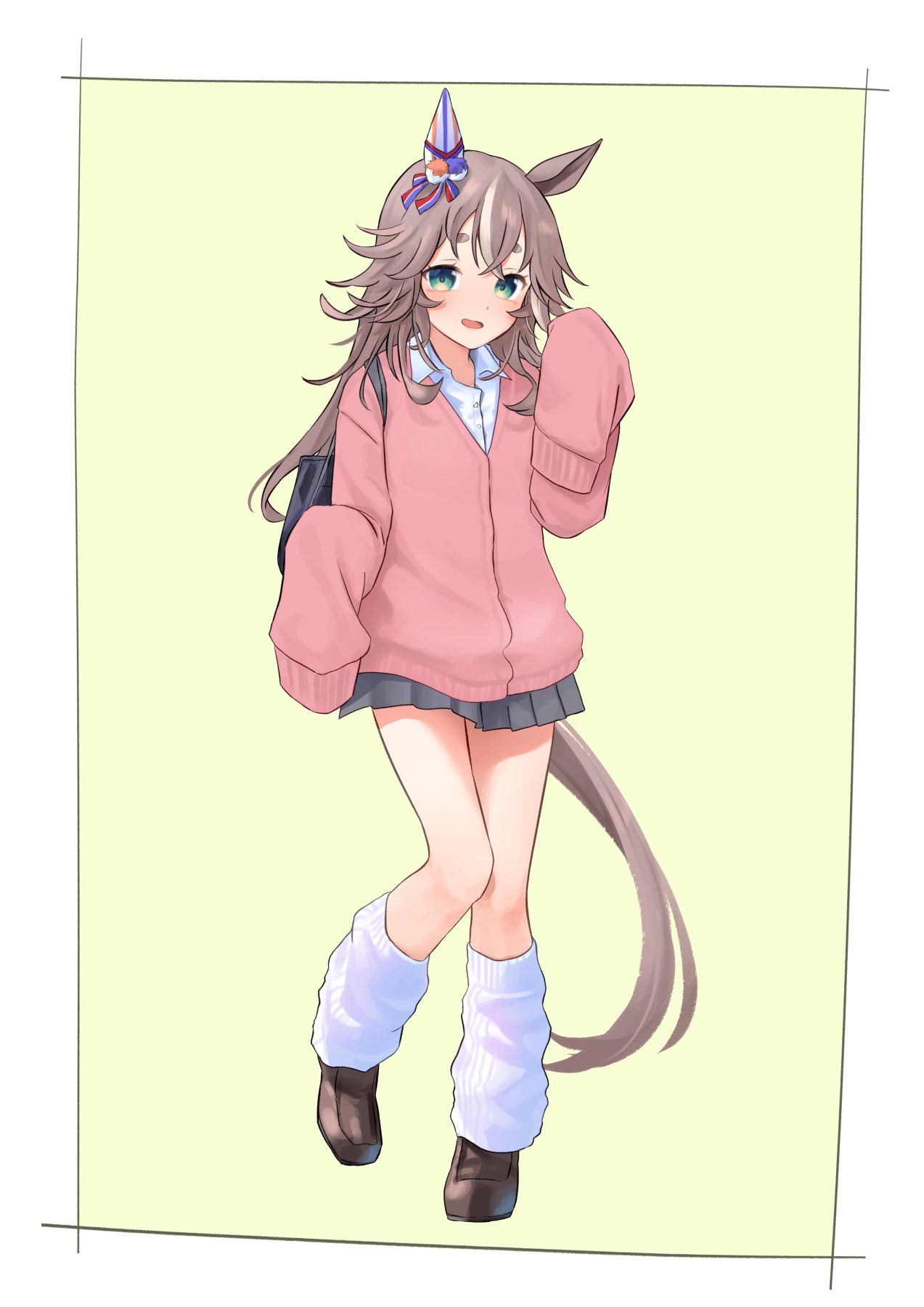 1girl, animal_ears, bag, brown_footwear, brown_hair, cardigan, collared_shirt, full_body, green_eyes, grey_skirt, hand_up, highres, horse_ears, horse_girl, horse_tail, katukodx, loafers, long_hair, loose_socks, miniskirt, multicolored_hair, open_mouth, pink_cardigan, school_bag, shirt, shoes, skirt, sleeves_past_fingers, sleeves_past_wrists, smile, socks, solo, standing, standing_on_one_leg, streaked_hair, tail, thick_eyebrows, umamusume, white_shirt, white_socks, wonder_acute_(umamusume)