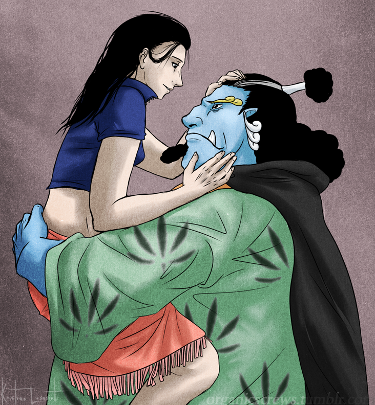 1boy, 1girl, artist_name, black_hair, blue_skin, carrying, carrying_person, chronomorphosis