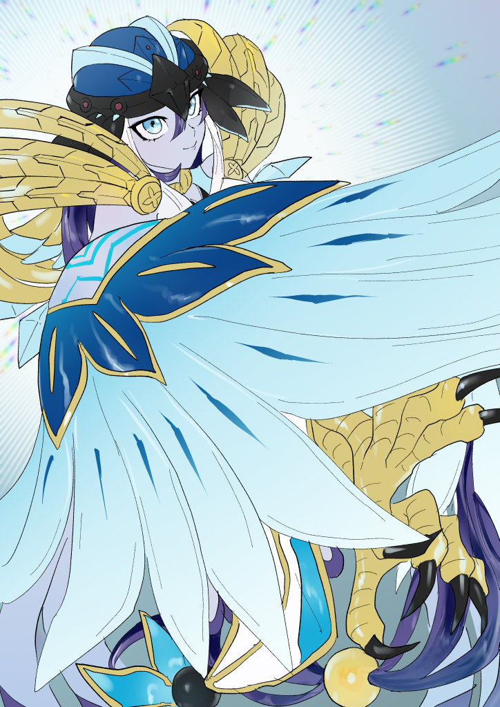 1girl, animal_feet, armor, artist_request, blue_eyes, colored_skin, duel_monster, full_body