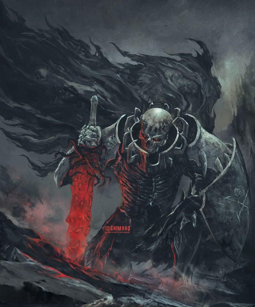 1boy, armor, berserk, black_cloak, cloak, commentary, english_commentary, glowing