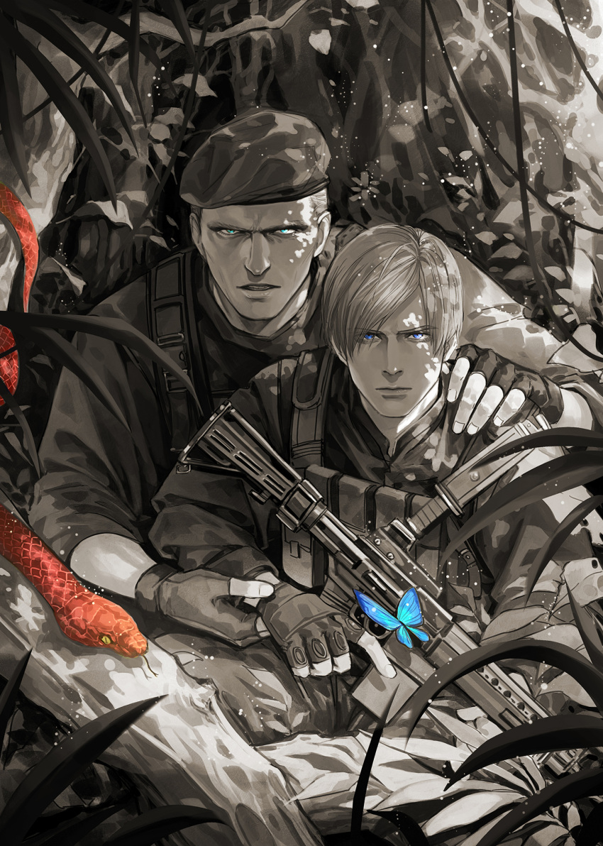 2boys, beret, blue_butterfly, blue_eyes, bug, bulletproof_vest, butterfly, curtained_hair