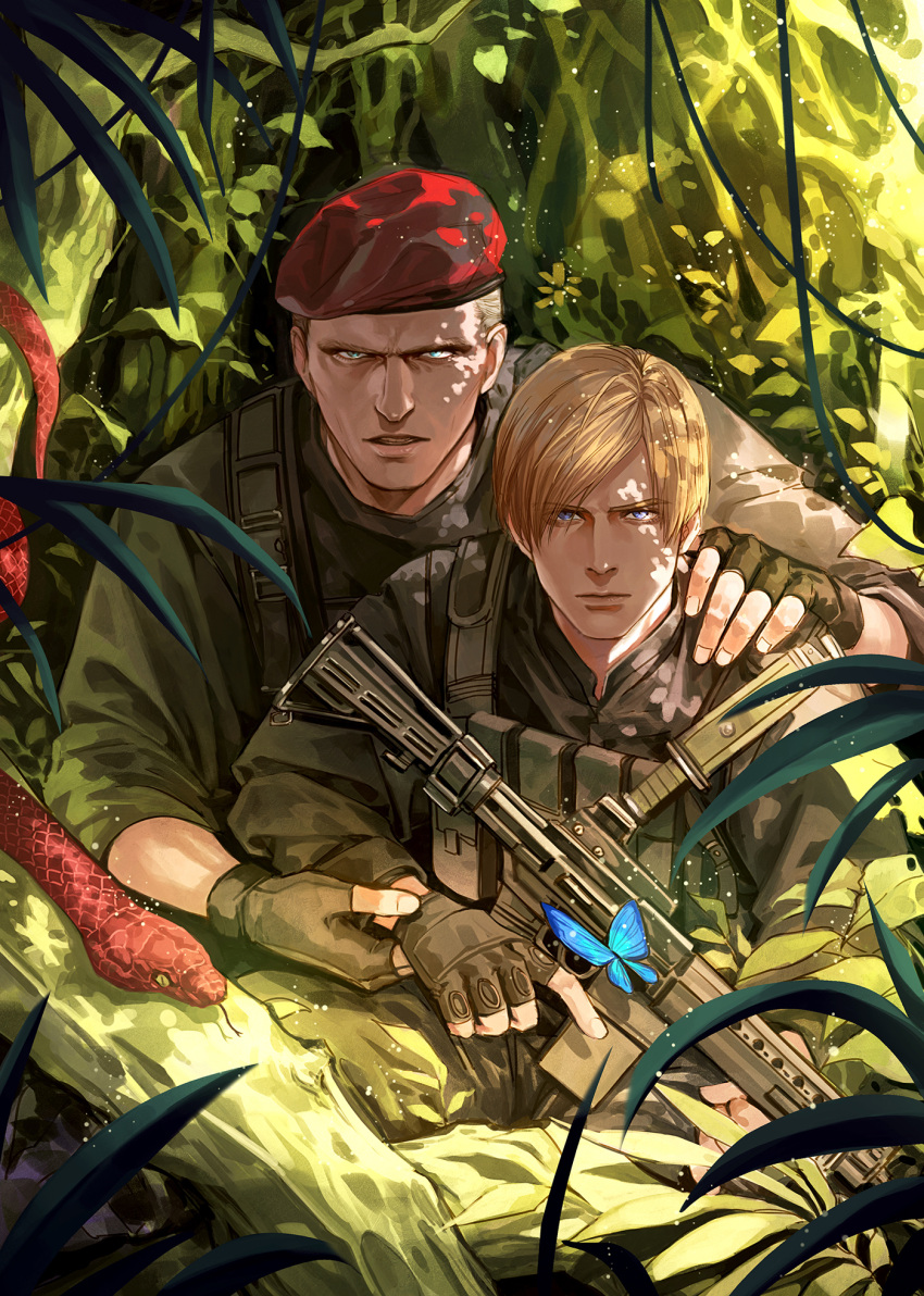 2boys, beret, black_gloves, black_jacket, blonde_hair, blue_butterfly, blue_eyes, brown_hair