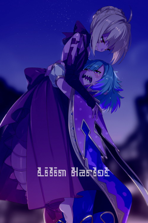 2girls, ahoge, barefoot, blonde_hair, blue_dress, blue_hair, blurry, blurry_background