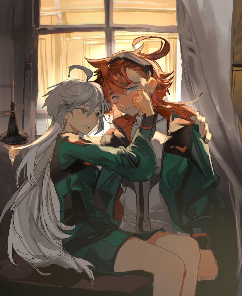 2girls, ahoge, asticassia_school_uniform, blue_eyes, blush, cloudyooooo, curtains, grey_eyes