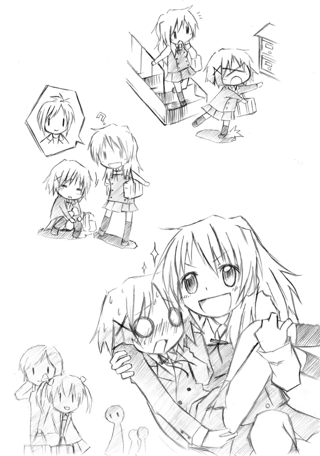 >_<, ?, blush, carrying, hidamari_sketch, kugimine, miyako, monochrome