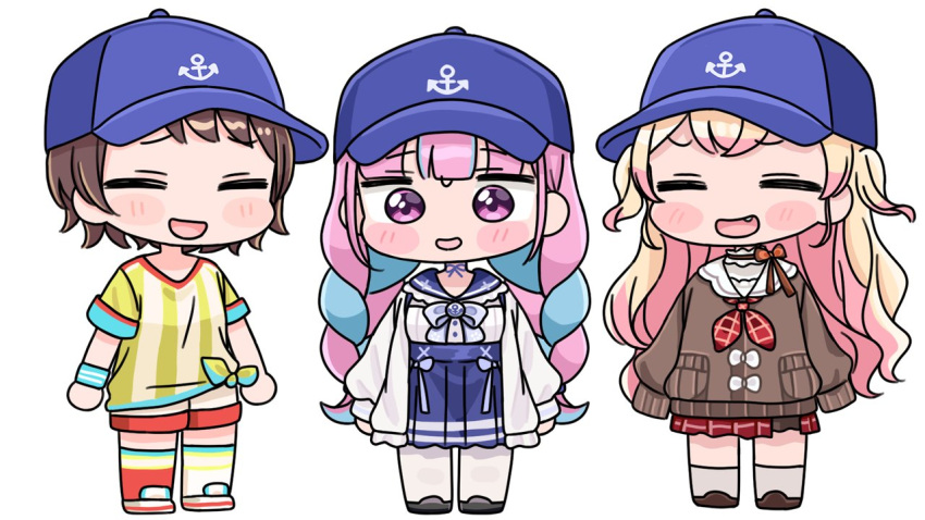 3girls, anchor_symbol, asymmetrical_legwear, baseball_cap, blonde_hair, blue_eyes, blue_headwear, braid, brown_cardigan, brown_hair, cardigan, closed_eyes, commentary_request, fang, hat, hololive, low_twin_braids, minato_aqua, mismatched_legwear, mochimiko, momosuzu_nene, multicolored_hair, multiple_girls, oozora_subaru, open_mouth, pink_eyes, pink_hair, shirt, smile, striped, striped_shirt, tied_shirt, twin_braids, two-tone_hair, virtual_youtuber