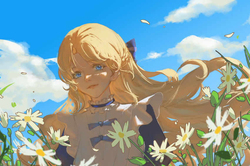 1girl, absurdres, aurore_lee, blonde_hair, blue_eyes, blue_ribbon, blue_sky, choker