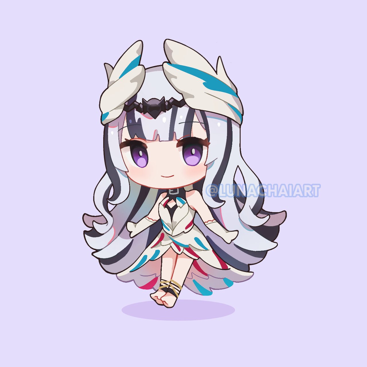 bare_shoulders, barefoot, black_choker, blunt_bangs, chibi, choker, closed_mouth, dress