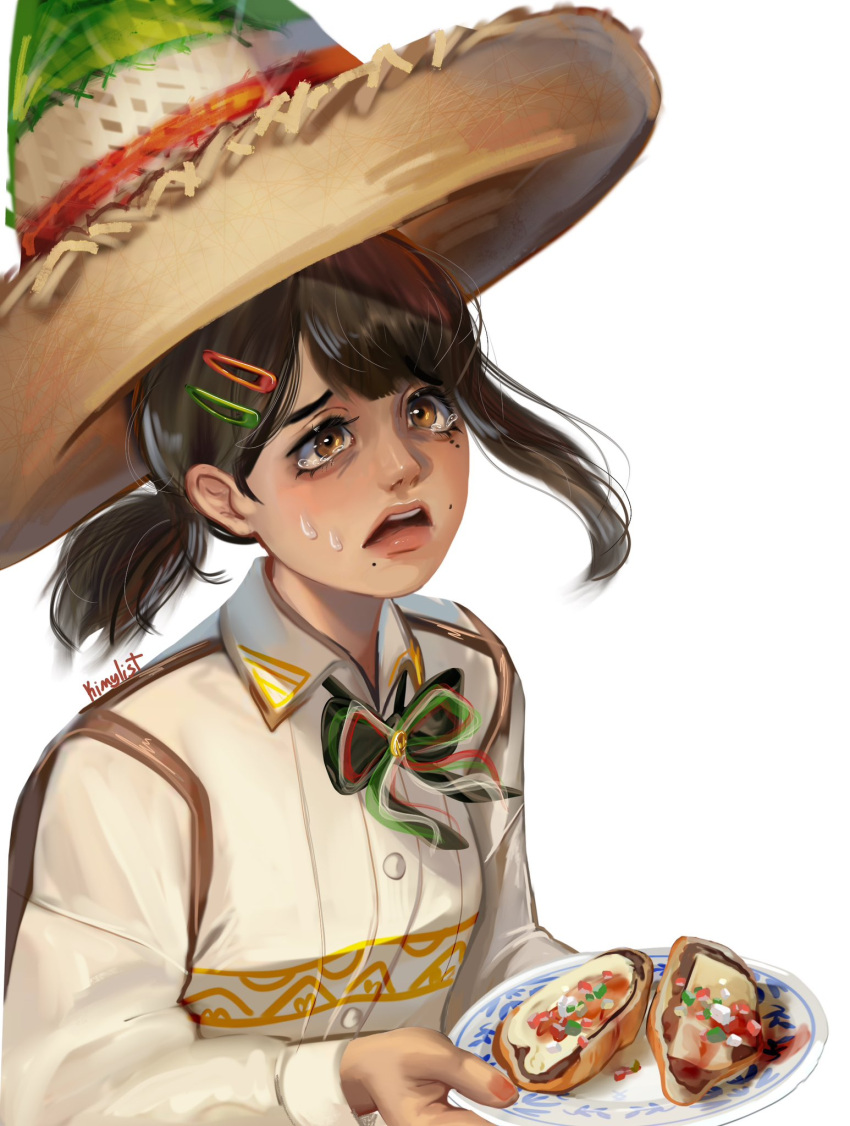 1girl, black_hair, brown_eyes, chainsaw_man, food, hair_ornament, hairclip, hat, higashiyama_kobeni, highres, holding, holding_plate, kimy_list, mexico, mole, mole_on_cheek, mole_under_eye, mole_under_mouth, multiple_moles, open_mouth, plate, short_ponytail, signature, simple_background, single_sidelock, solo, sombrero, spanish_commentary, taco, tearing_up, upper_body, white_background