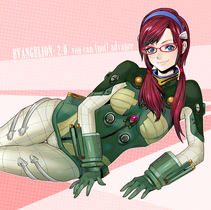 blue_eyes, bodysuit, brown_hair, evangelion:_2.0_you_can_(not)_advance, glasses, gloves, hairband, long_hair
