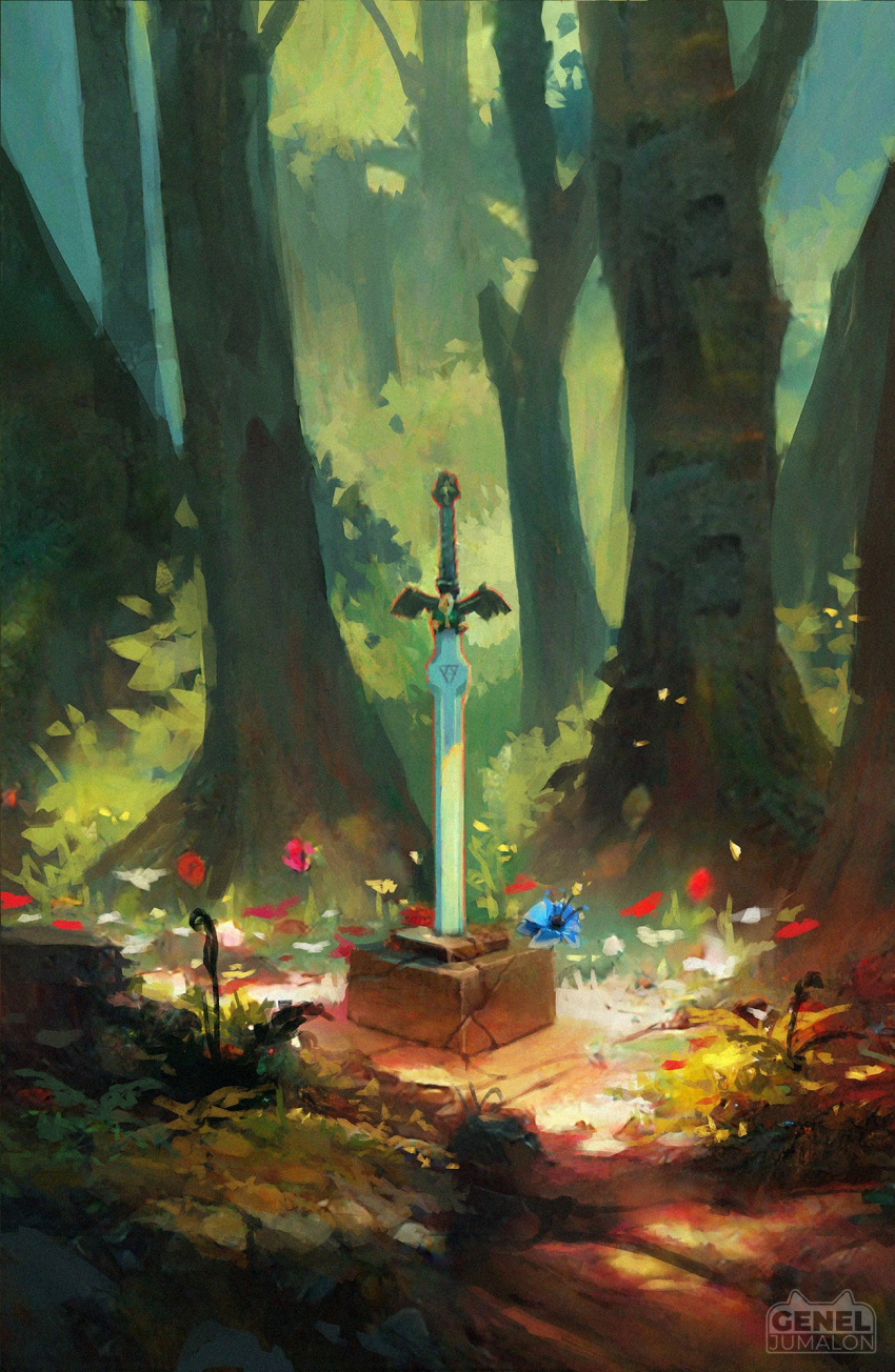 artist_logo, artist_name, blue_flower, commentary, english_commentary, flower, forest, gem, genel_jumalon, highres, jewelry, master_sword, nature, no_humans, outdoors, planted, planted_sword, revision, scenery, sword, the_legend_of_zelda, tree, watermark, weapon