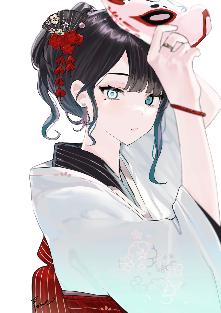 1girl, absurdres, aqua_eyes, arms_up, black_hair, bracelet, closed_mouth, eyebrows_hidden_by_hair