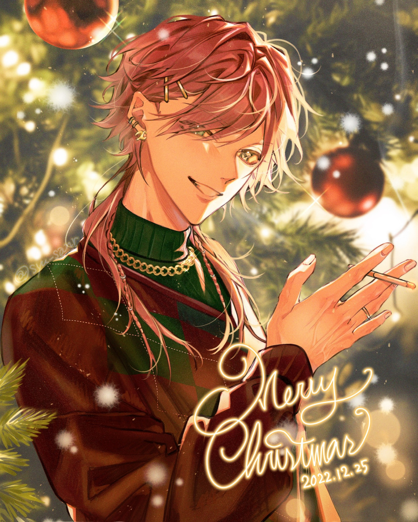 1boy, blue_eyes, chain_necklace, christmas, christmas_ornaments, christmas_tree, cigarette, commentary_request