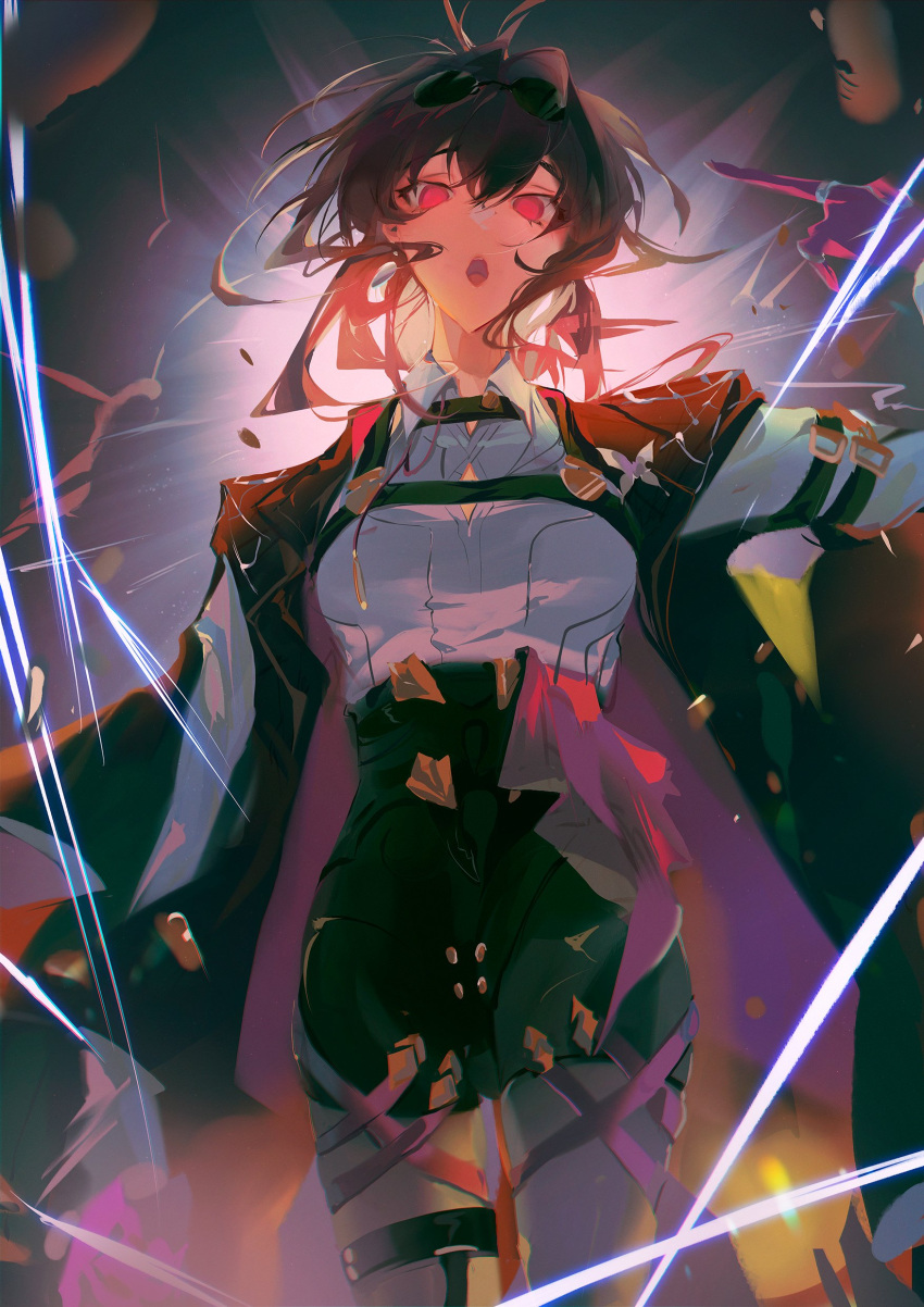 1girl, absurdres, black_jacket, black_shorts, eyewear_on_head, highres, honkai:_star_rail, honkai_(series)