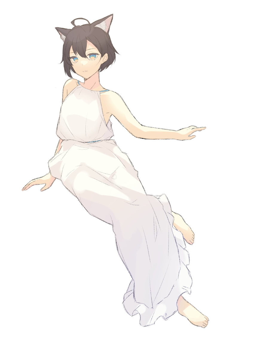 1girl, ahoge, alternate_costume, amemachi_hanabi, animal_ear_fluff, animal_ears, barefoot, black_hair