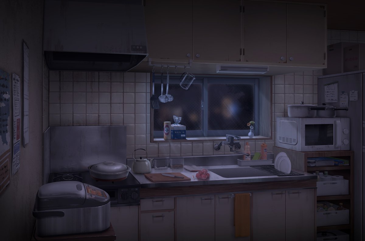 bottle, cabinet, container, cooking_pot, cutting_board, dark, flower, food