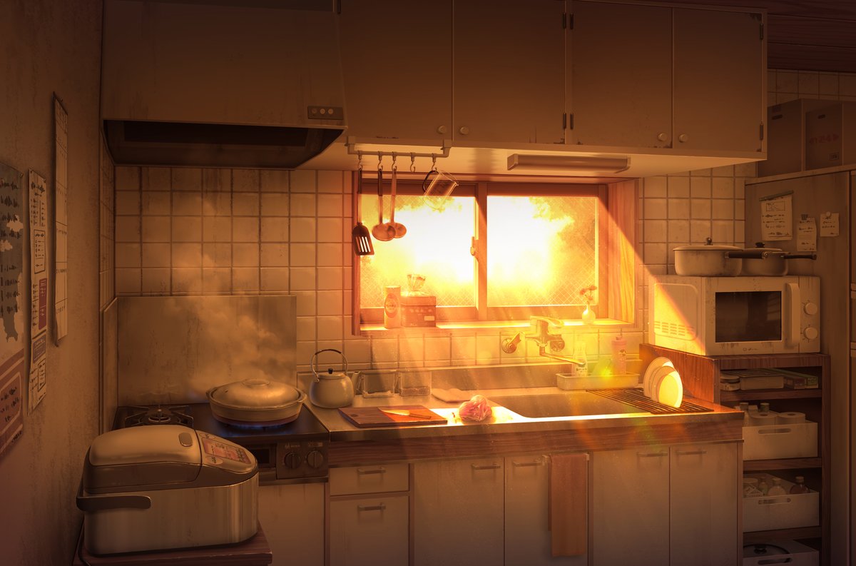 bottle, cabinet, container, cooking_pot, cutting_board, flower, food, hook, kettle, kitchen, kitchen_knife, ladle, meat, meron_2770, microwave, no_humans, note, original, paper_towel, plant, plate, potted_plant, scenery, sink, soup_ladle, spatula, stove, sunlight, sunset, towel