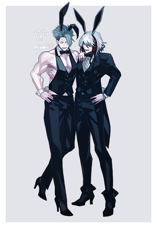 achilles_(fate), alternate_costume, animal_ears, black_bow, black_bowtie, black_pants, black_suit, bow