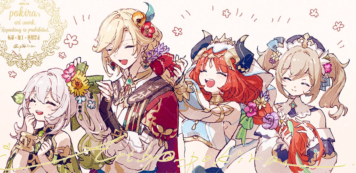 1boy, 3girls, barbara_(genshin_impact), bedlah, blonde_hair, braiding_hair, closed_eyes, closed_mouth, crop_top, fake_horns, feather_hair_ornament, feathers, female_child, flower, genshin_impact, green_hair, hair_flower, hair_ornament, hairdressing, horns, kaveh_(genshin_impact), long_sleeves, multiple_girls, nahida_(genshin_impact), nilou_(genshin_impact), open_mouth, orange_hair, pink_flower, pokira, purple_flower, red_flower, smile, twintails, white_background, white_hair, yellow_flower
