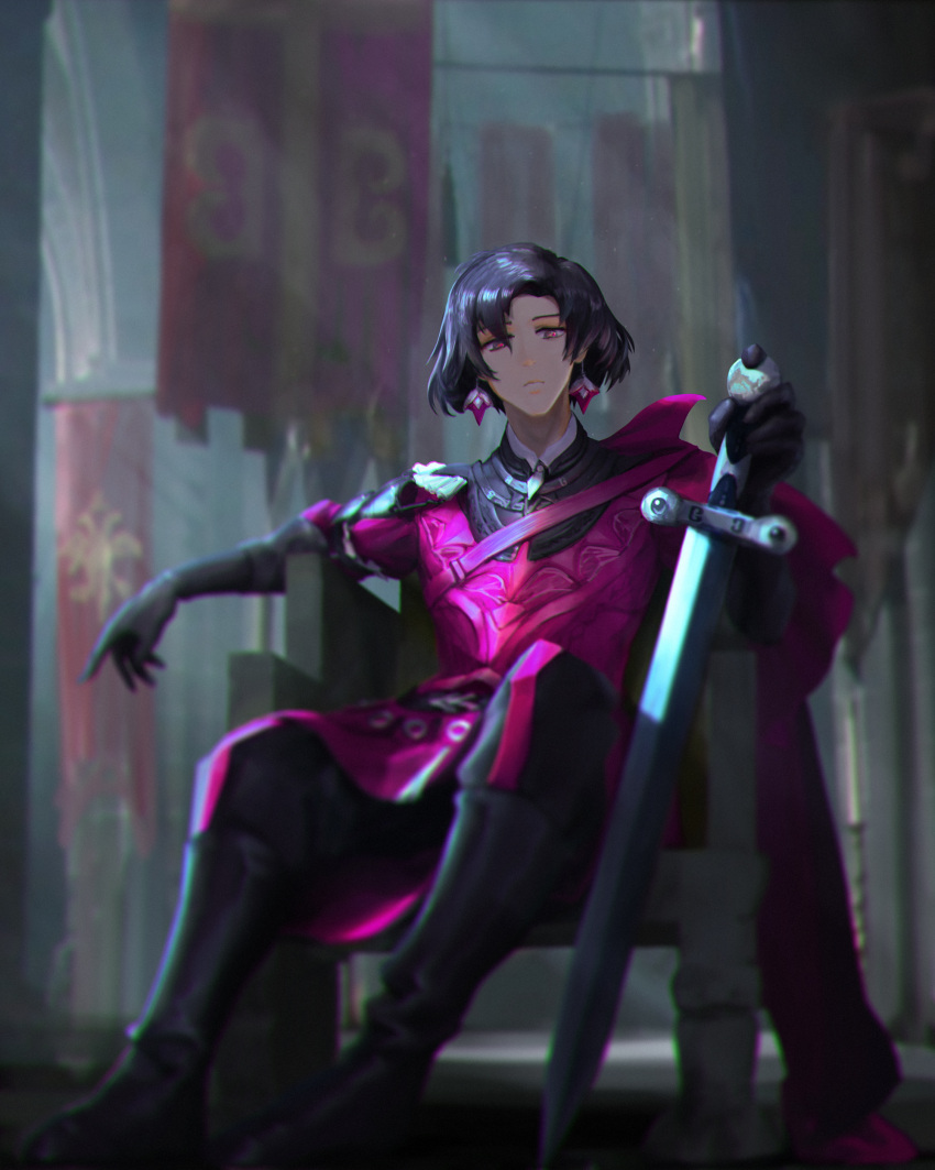 1boy, absurdres, armor, banner, black_gloves, black_hair, cape, constantine_xi_(fate)