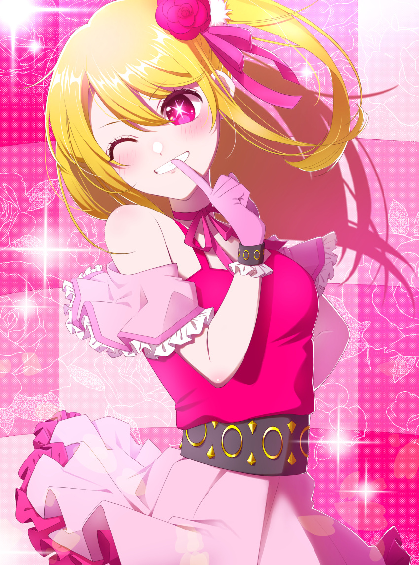 1girl, absurdres, bare_shoulders, belt, black_belt, blush, choker, commentary, detached_sleeves, dress, finger_to_mouth, flower, frilled_dress, frilled_gloves, frilled_sleeves, frills, gloves, hair_between_eyes, hair_flower, hair_ornament, highres, hoshino_ruby, idol, kono_mikan, long_hair, one_eye_closed, one_side_up, oshi_no_ko, pink_choker, pink_dress, pink_eyes, pink_ribbon, purple_gloves, ribbon, ribbon_choker, sidelocks, sleeveless, sleeveless_dress, smile, solo, sparkle, star-shaped_pupils, star_(symbol), symbol-shaped_pupils, teeth