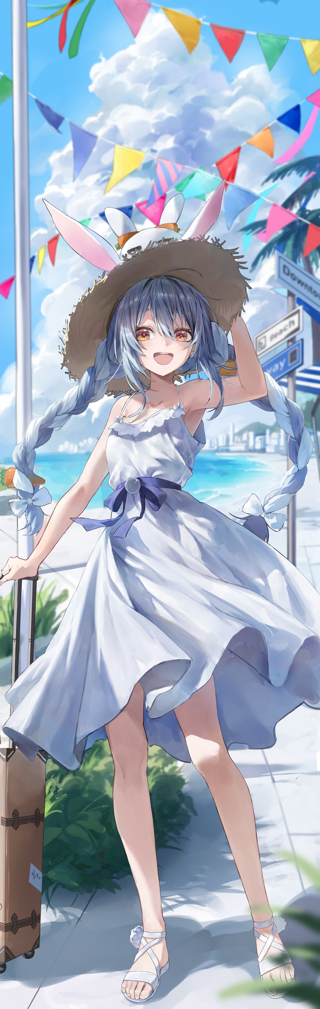 1girl, absurdres, animal_ears, beach, blue_hair, blue_sky, bow, braid