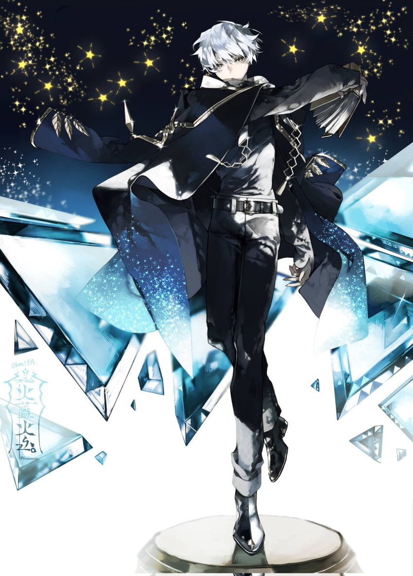 1boy, belt, black_belt, black_cape, black_pants, black_shirt, boots, cape, full_body, grey_eyes, grey_footwear, highres, kazanniro, long_hair, long_sleeves, open_mouth, original, pants, shirt, sky, solo, star_(sky), starry_sky, starry_sky_print, triangle, white_hair