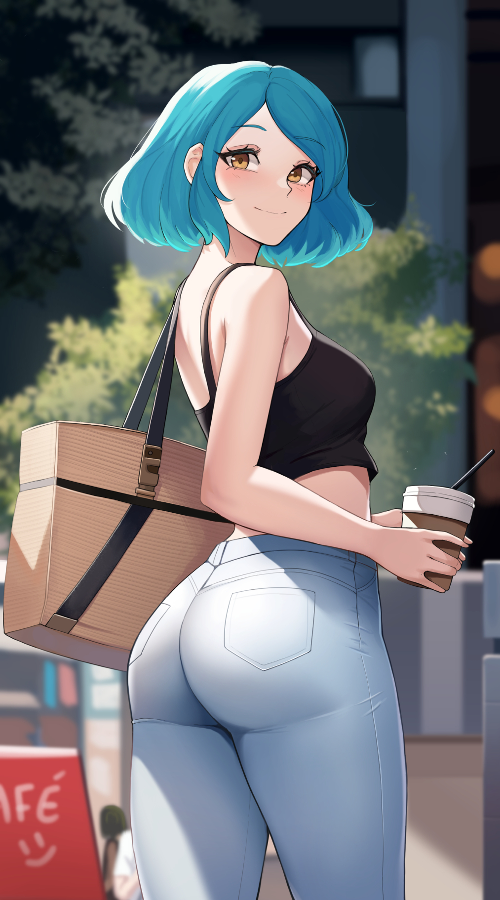 1girl, ass, bag, bare_shoulders, black_tank_top, blue_hair, cawfield, coffee_cup, cup, disposable_cup, drinking_straw, from_behind, handbag, highres, looking_back, original, outdoors, shopping, short_hair, smile, solo, tank_top, yellow_eyes