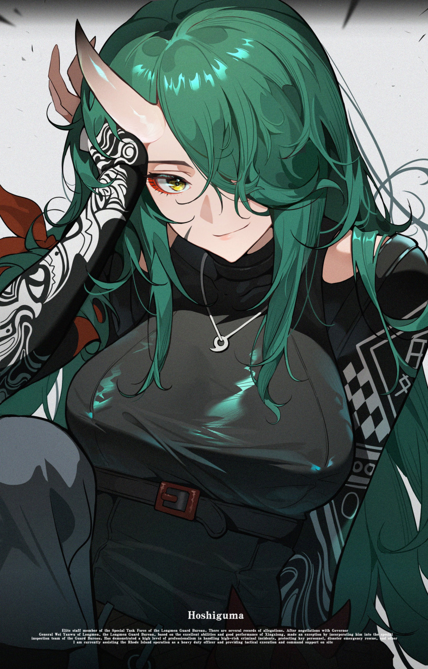 1girl, absurdres, arknights, black_pants, black_shirt, breasts, character_name, closed_mouth, clothing_cutout, commentary_request, english_text, green_hair, hachisan, hair_over_one_eye, hand_up, highres, horns, hoshiguma_(arknights), hoshiguma_(patrolling_ronin)_(arknights), large_breasts, long_hair, official_alternate_costume, oni_horns, pants, scar, scar_on_face, shirt, shoulder_cutout, sidelocks, single_horn, solo, yellow_eyes