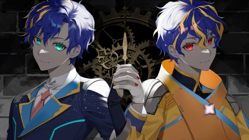 2boys, absurdres, alternate_eye_color, aqua_eyes, astel_leda, black_bodysuit, blonde_hair, blue_hair, blue_jacket, bodysuit, brick_wall, chap_yun, clock, clock_hands, colored_skin, dual_persona, facial_mark, gears, gloves, grey_skin, hair_between_eyes, highres, holding_hands, holostars, jacket, looking_at_viewer, male_focus, multicolored_hair, multiple_boys, necktie, red_eyes, red_nails, red_necktie, requiem_(kanaria), shirt, short_hair, smile, streaked_hair, upper_body, virtual_youtuber, wavy_hair, white_gloves, white_shirt, yellow_jacket